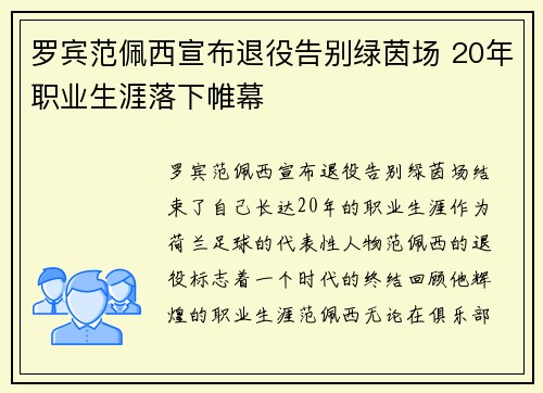 罗宾范佩西宣布退役告别绿茵场 20年职业生涯落下帷幕 罗宾范佩西宣布退役告别绿茵场 20年职业生涯落下帷幕